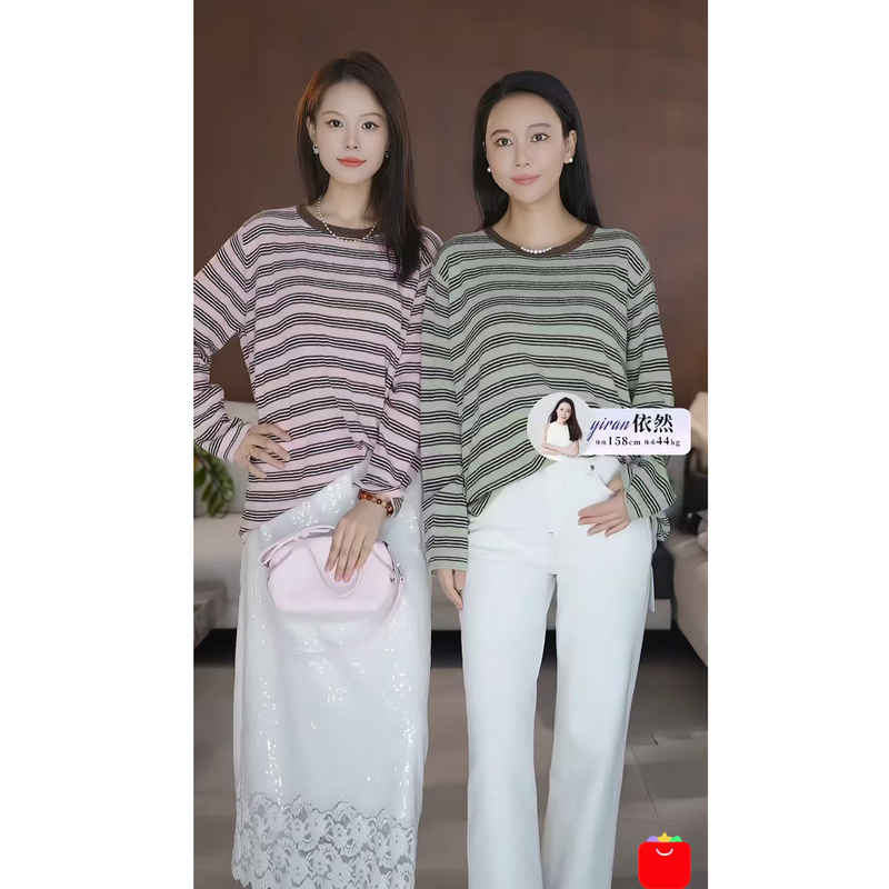 [Still a Top Pick] Striped Color-Blocked Mulberry Silk Round-Neck Long-Sleeve Top
