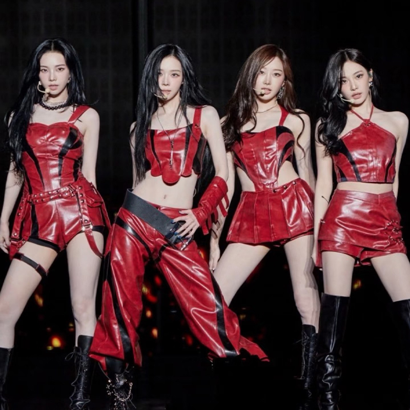 Red Leather Outfit Similar to Liu Zhimin'S, Korean Dance Performance Costume, Aespa Girl Group Stage Outfit, Bar Performance Outfit