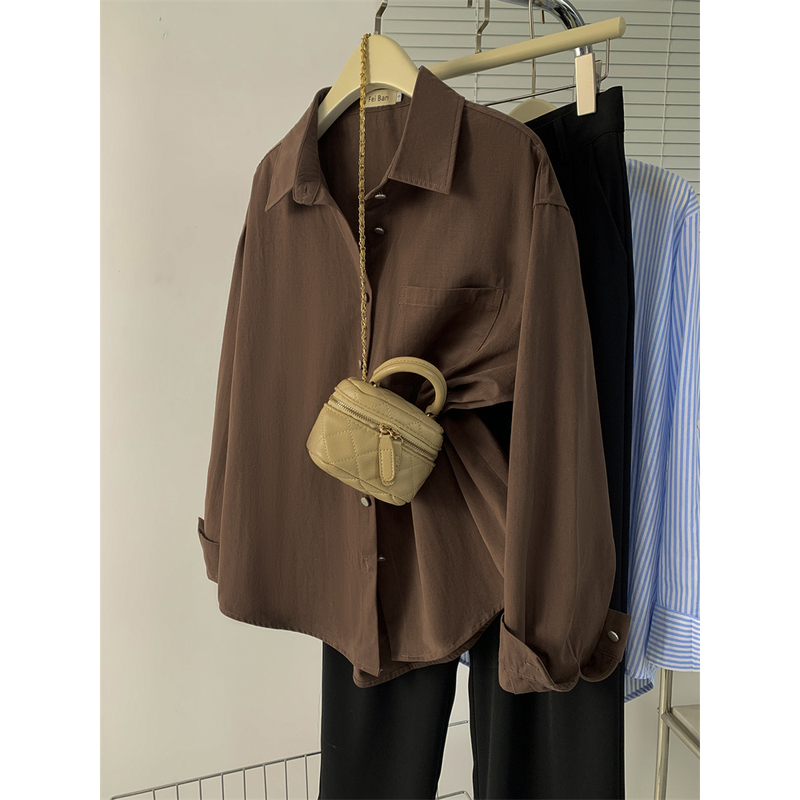 Coffee-Colored High-End Hong Kong Style Shirt for Women, New Spring and Autumn Korean Fashion Versatile Layered Shirt, Hong Kong Style Retro Top