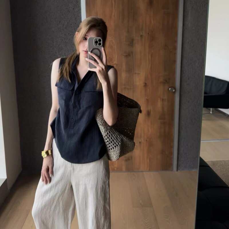 Shenzhen Nanyou 26 Summer New Style Double Patch Pocket Workwear Vest-Style Top Simple High-End Sleeveless Turn-Down Collar Linen Shirt