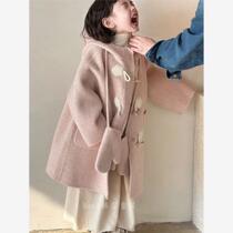 Balabala Korean style girls double-sided cashmere coat 2024 autumn and winter Korean style girls middle and older children high-end pink hooded