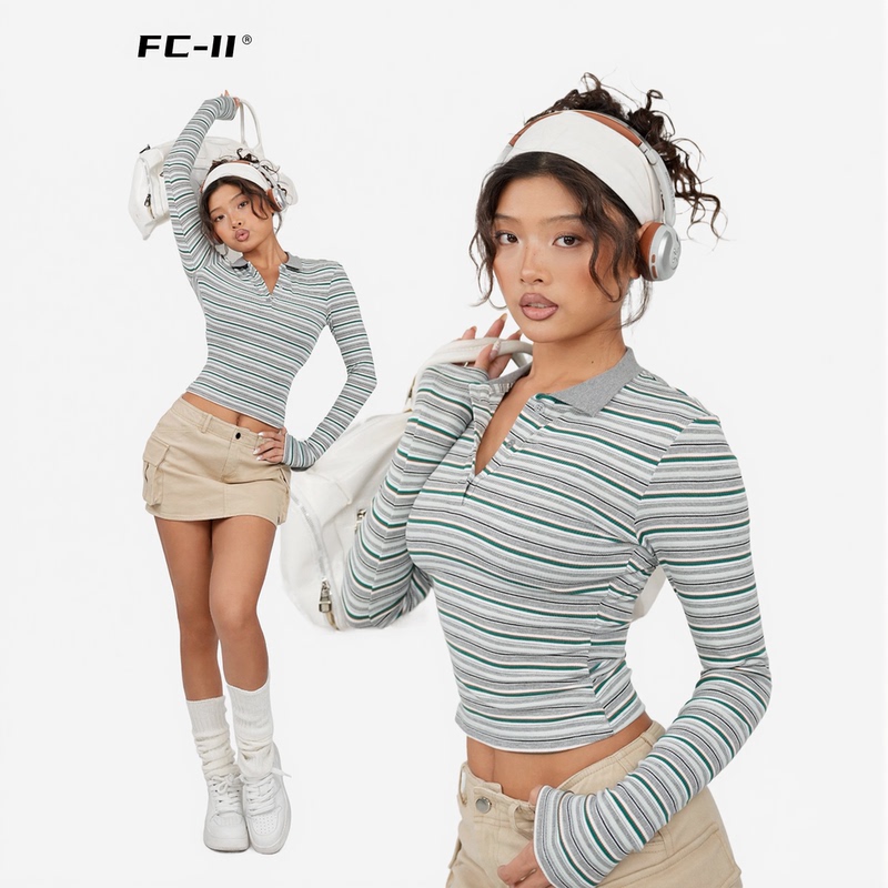Fcii Brand Long-Sleeved Polo Shirt for Women with Contrasting Stripes, Polo Collar Inner Top, Knitwear T-Shirt H4S2448