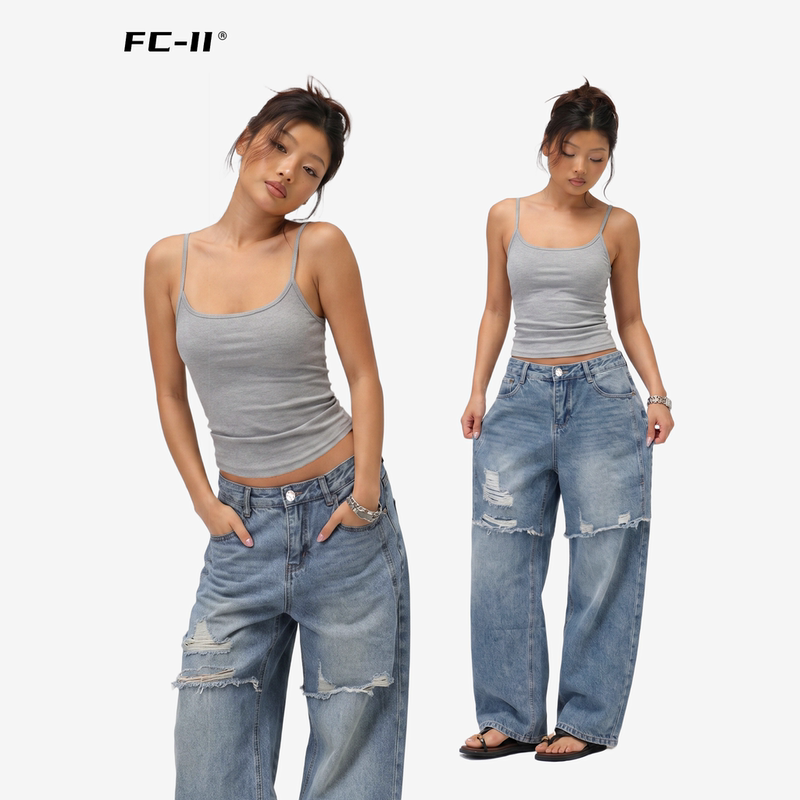 Fcii Brand Design Patchwork Distressed Jeans for Women, Summer Thin Ripped Loose Wide-Leg Pants H5K4628 Fcii Brand Design Patchwork Distressed Jeans for Women, Summer Thin Ripped Loose Wide-Leg Pants H5K4628