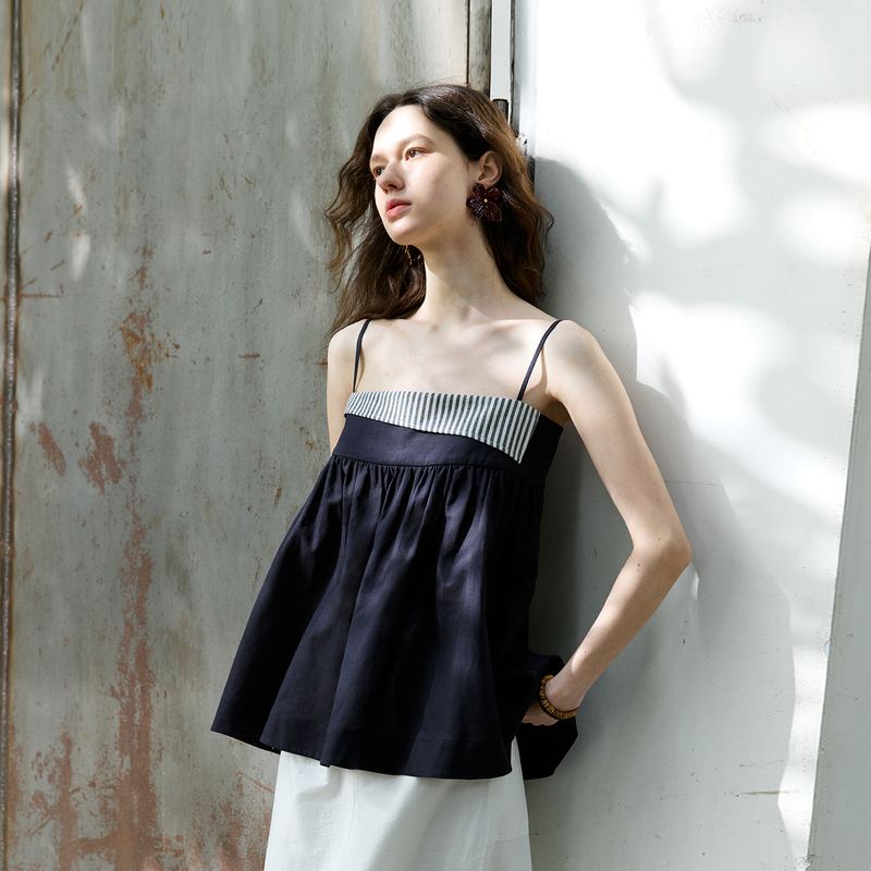 Non Restrain French-Style Color-Block Striped Adjustable Camisole for Women, Pleated Ramie Off-Shoulder Sleeveless Top