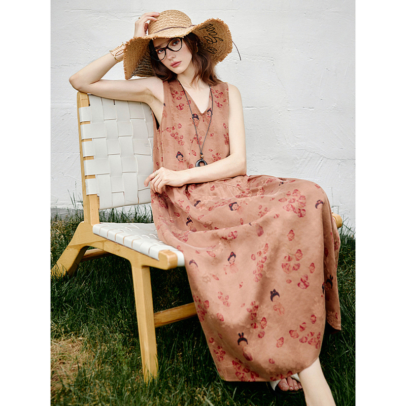 2026 Summer Little Tangren 23mm Mulberry Silk Sleeveless A-Line Dress New Chinese Style V-Neck Silk Vest Dress for Women