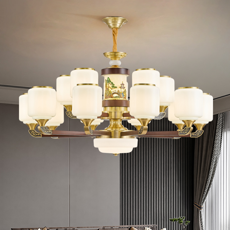 銅翡翠の新しい中国風のリビングルームのシャンデリアクルミ色の枝中国風のレストランのランプデュプレックスビルのホールのメインランプ
