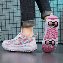 New childrens heelys four-wheel sports shoes Velcro for boys and girls students breathable mesh invisible roller skates summer