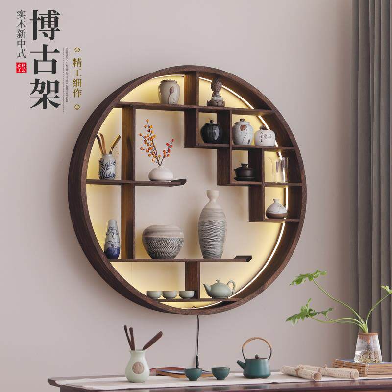 .Solid wood Duobao Pavilion wall book rack tea cup tea set storage rack Chinese retro lattice wall hanging display