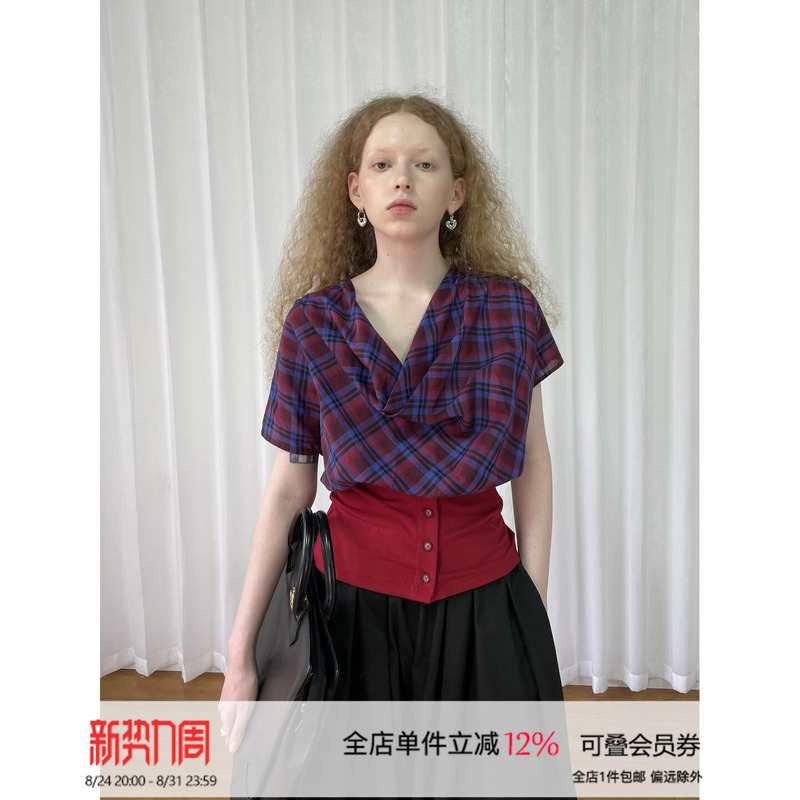 Loosesmell Loose-Fitting Purple and Red Plaid Turn-Down Collar Short-Sleeved Shirt for Women, Versatile for Summer, Slimming and Waist-Cinching Top