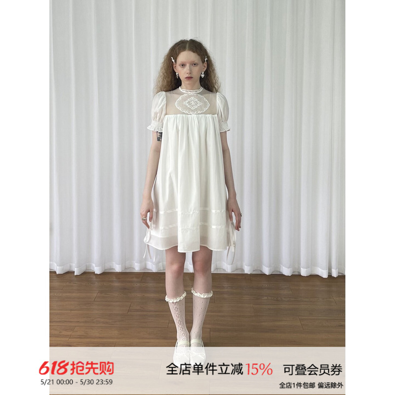Loosesmell Deodorizing Lace Spliced Mesh White Babydoll Dress Slimming Versatile Summer Dress
