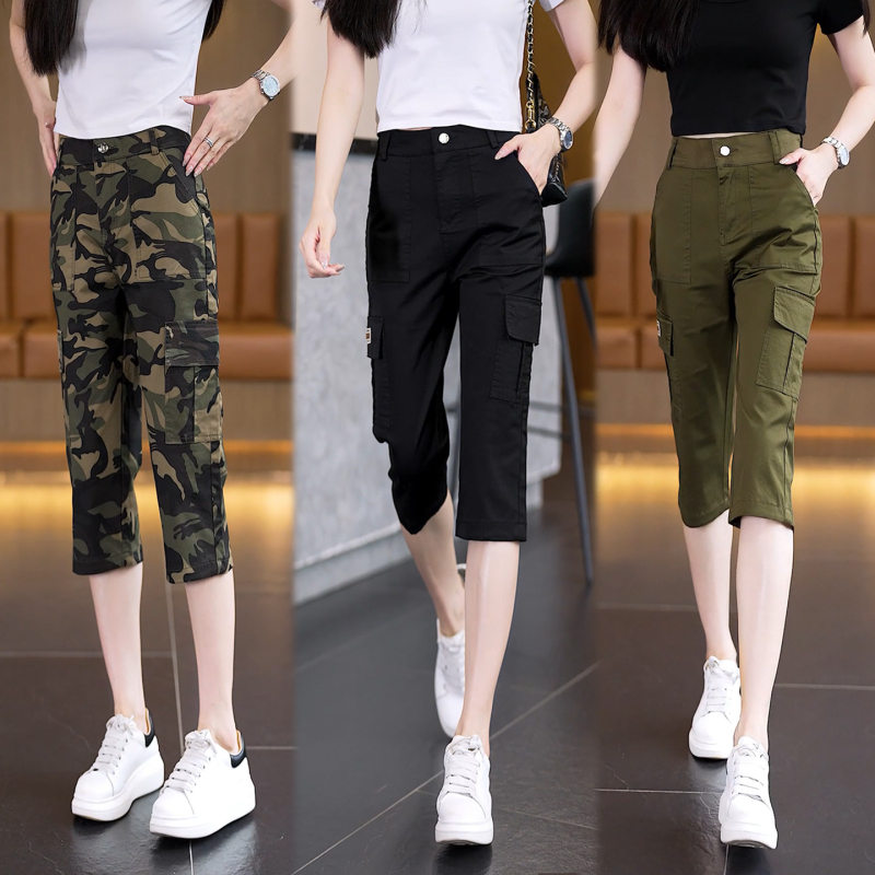 Camouflage Pants for Women, Cropped Pants, Summer New Style, High-Waisted, Thin, Petite, Multi-Pocket, Army Green, Casual Cargo Pants, Mid-Length Pants