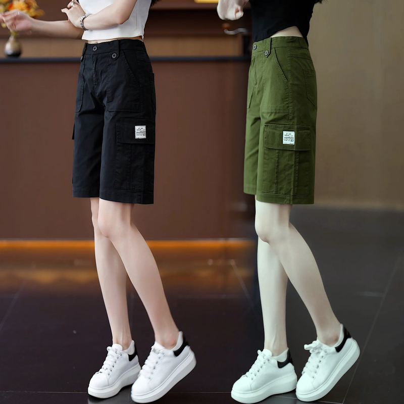 Overalls for Small Women in Summer New Style Loose Slimming Multi-Flap Pocket Pants Five-Quarter Pants Casual Military Green Straight Pants Mid-Pants