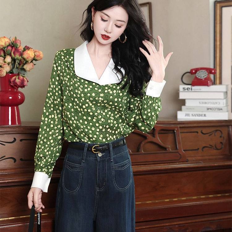 Spring and Autumn New Style Hong Kong Style Retro Neon Polka Dot Color-Blocking Long-Sleeve Women's Shirt, Loose Fit and Slimming