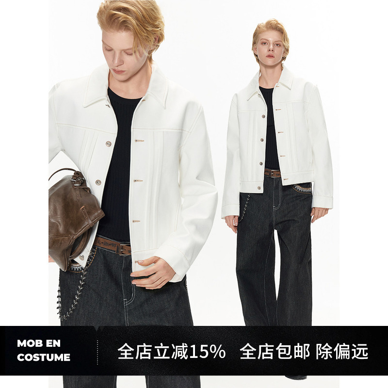 Mob En Costume/Cotton Topstitched Lapel Straight Shoulder White Denim Jacket Long Sleeve Unisex Mob En Costume/Cotton Topstitched Lapel Straight Shoulder White Denim Jacket Long Sleeve Unisex