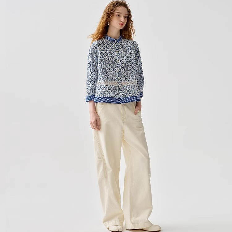 【Ancient Style Celadon】Tea-Inspired Small Stand-Up Collar Buttoned Lace Patchwork Printed Shirt 2026 Summer New Model
