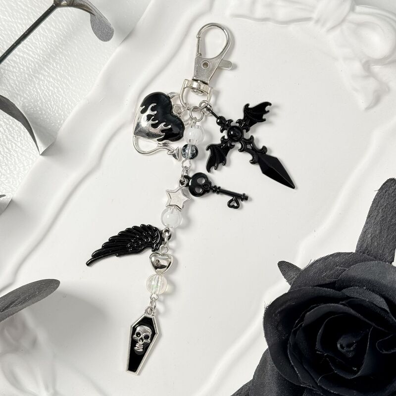 Gothic Style Black Punk Cross Keychain Skull Wings Bag Pendant Personalized Love Heart Phone Chain