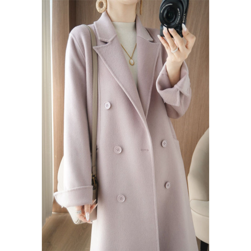 26 New Autumn and Winter Double-Breasted Double-Sided Cashmere Coat for Women, Mid-Length 100% Wool Coat, Slim-Fit Woolen Coat for Women
