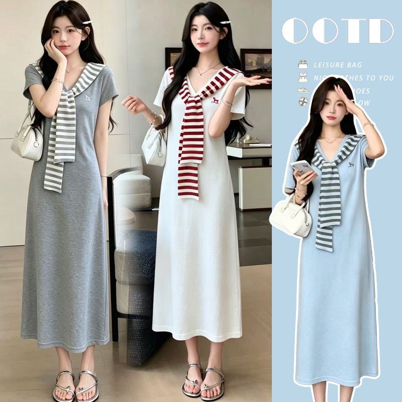 Trendy Maternity Wear for Summer, New Beautiful Striped Shawl Short-Sleeved Dress That Doesn'T Show Pregnancy, Long Maternity Dress
