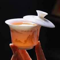 Suet-fat jade porcelain hovering bowl tea cup travel tea set portable outdoor tea quick cup one pot three cups