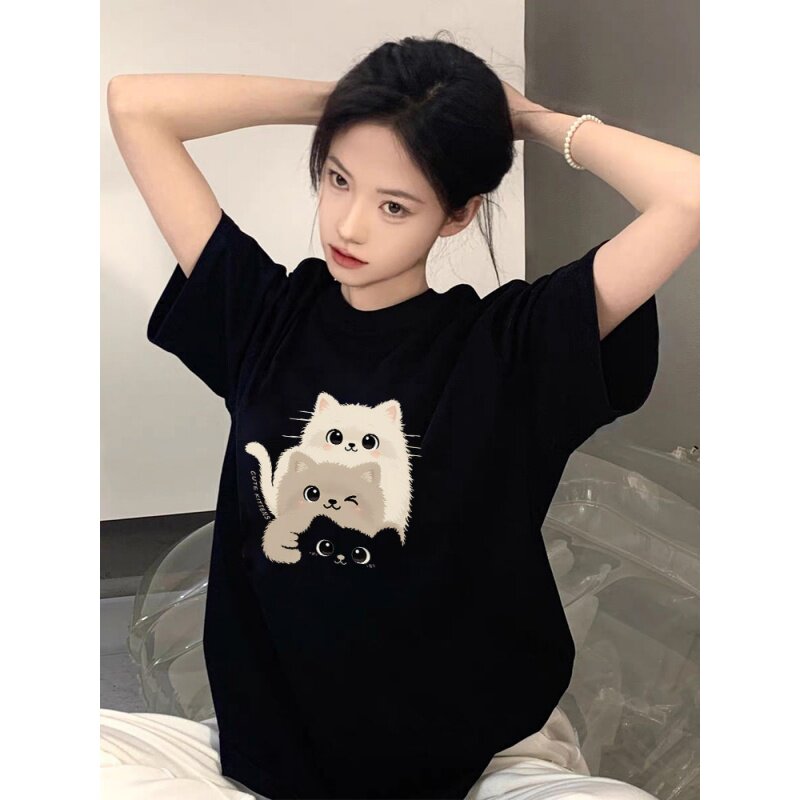 小猫黑色纯棉短袖t恤女2026新款爆款夏季高端欧货大版上衣体恤潮
