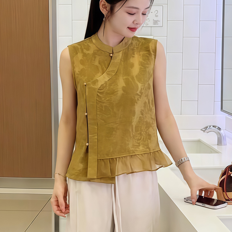Summer Chinese Style New Sleeveless Stand-Up Collar Shirt for Women 2026 New Fashion High-End Short Top Blouse