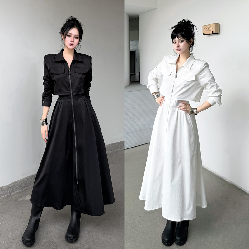 Blackgirl High-Waisted, High-Elasticity, Slimming Workwear Long-Sleeve Long Dress, Height-Enhancing, Elegant Short Skirt with Zipper, Mature and Stylish