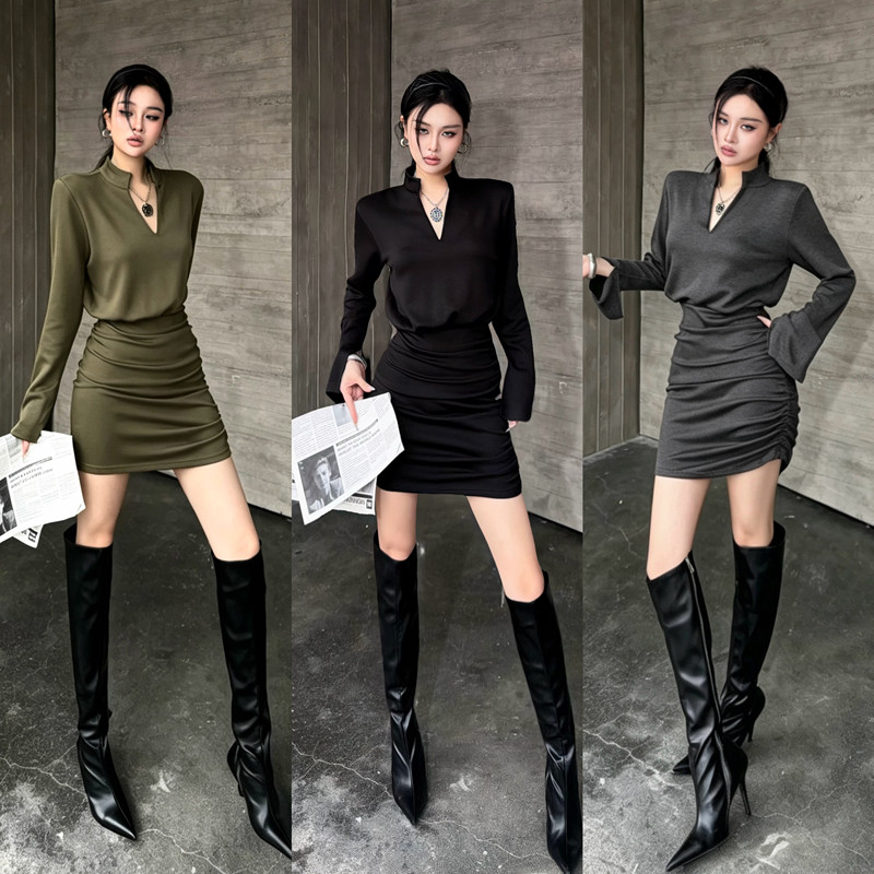 Blackgirl【Sister Loves You】Pure Desire Hot Girl V-Neck Slimming Waist Dress Sisterly Style Bodycon Mini Skirt
