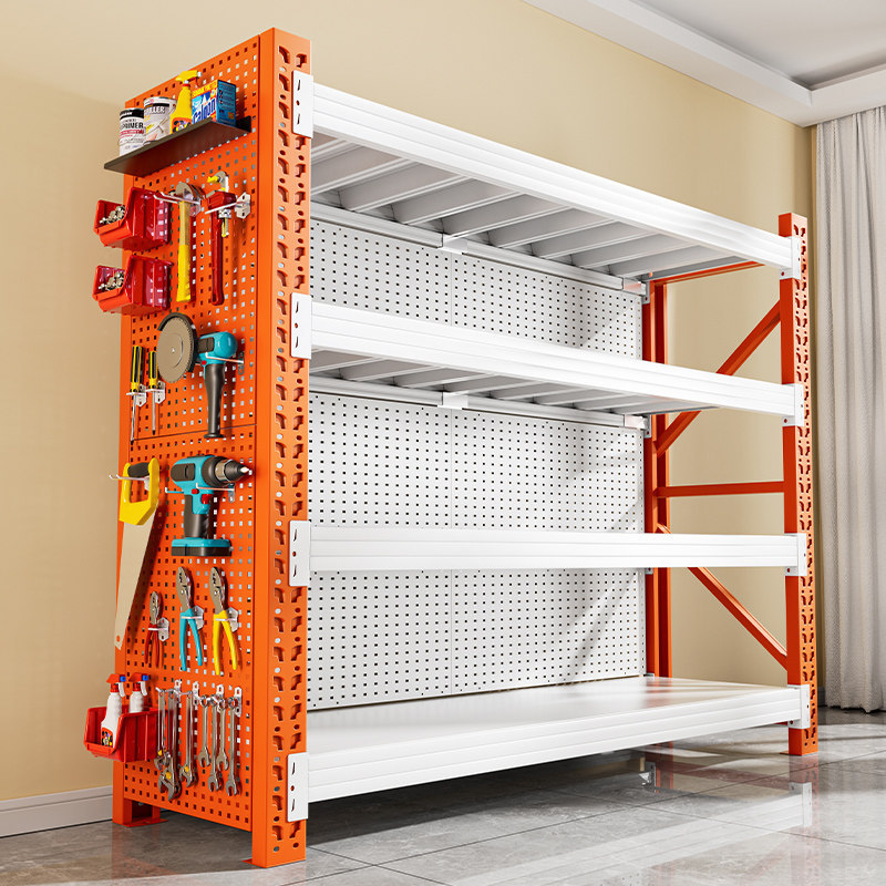 Orange Perforated Board Shelves with Super Strong Load-Bearing Capacity for Home Storage, Multi-Layer Storage Racks, Warehouse Supermarket Goods Storage Iron Racks Orange Perforated Board Shelves with Super Strong Load-Bearing Capacity for Home Storage, Multi-Layer Storage Racks, Warehouse Supermarket Goods Storage Iron Racks