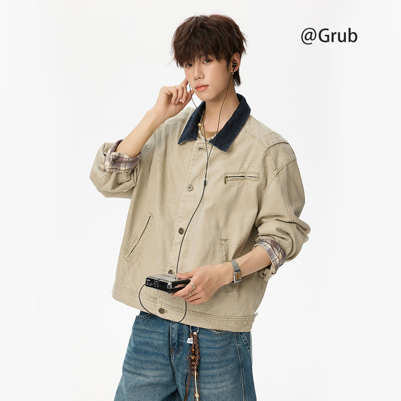 American-Style Barn Workwear Jacket for Men, Autumn Vintage Washed Patchwork Collar Couple's Coat, High Street Cool Short Jacket