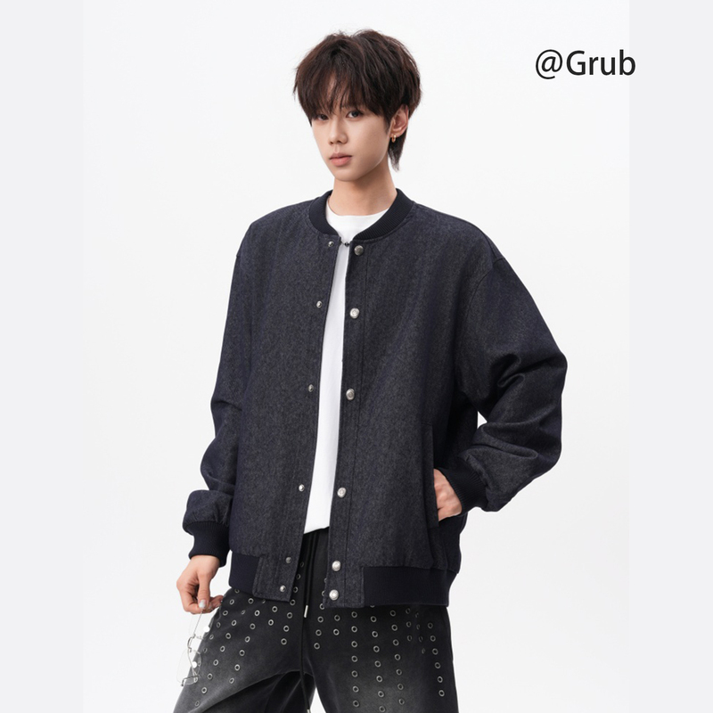 American-Style Raw Denim Baseball Jacket for Men and Women, Autumn High Street Washed Denim Coat, Trendy Brand Loose Pilot Jacket