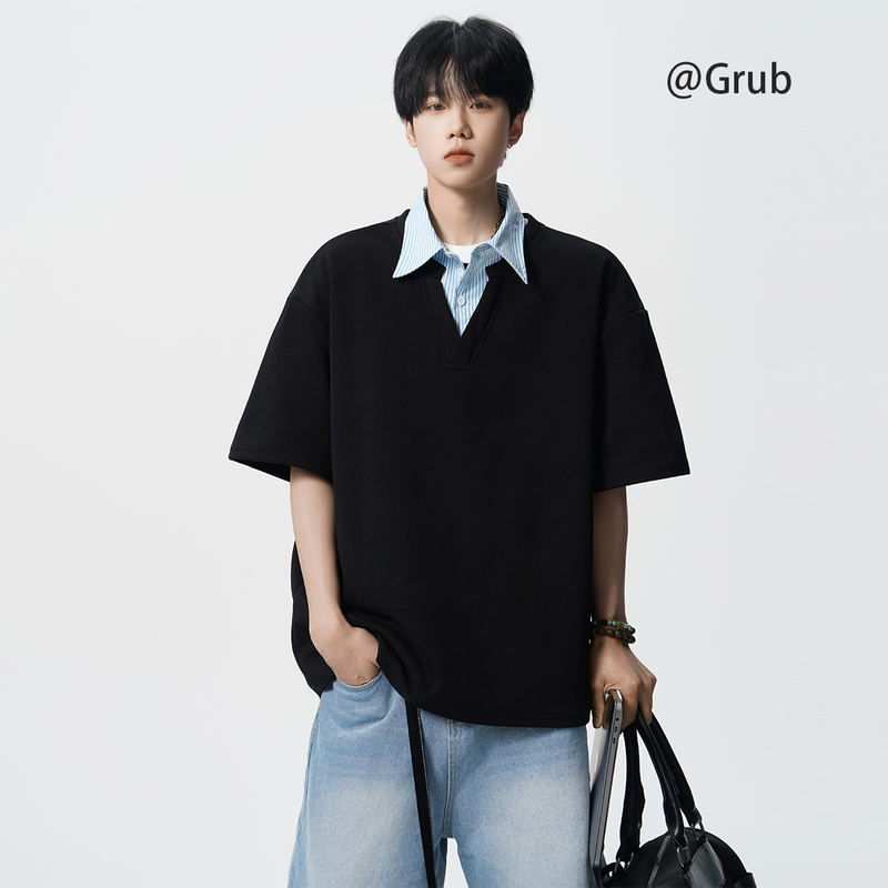 Korean Style Fake Two-Piece Short-Sleeved T-Shirt for Men, Summer High Street Trendy Brand, Turn-Down Collar Sports T-Shirt, Loose and Cool Half-Sleeve Top