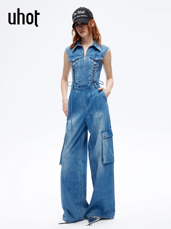 Uhot/Tempting Goods 26 Summer Blue American Street Style Denim Jumpsuit with a Vintage Cool Aesthetic Uwlr1L224