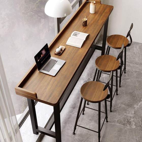 발코니 바 테이블 간단한 원목 긴 테이블 창가 좁은 테이블 높고 낮은 다리 긴 테이블 벽에 기대어 있는 높은 테이블과 의자