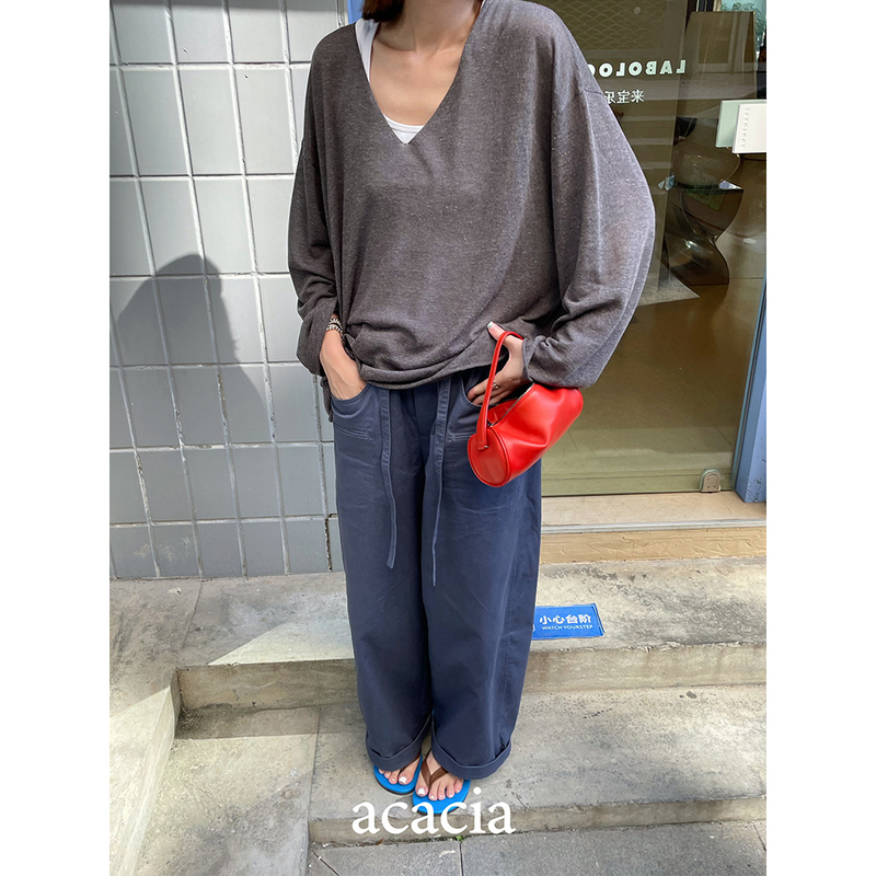 Acacia Large Pocket Elastic Waist Casual Pants, All-Cotton Loose Fit Tapered Casual Pants