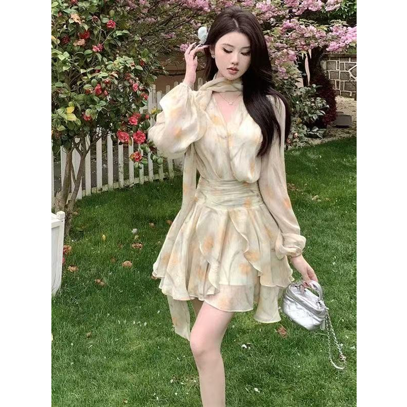 V-Neck Puff Sleeve 2025 Dress with Long Sleeves, Autumn Waist-Cinching Irregular Ribbon Fairy Yellow Floral Short Dress V-Neck Puff Sleeve 2025 Dress with Long Sleeves, Autumn Waist-Cinching Irregular Ribbon Fairy Yellow Floral Short Dress