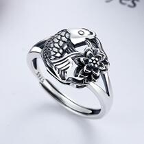 S925 sterling silver lotus ring retro ethnic old-fashioned carp versatile live mouth couple ring jewelry