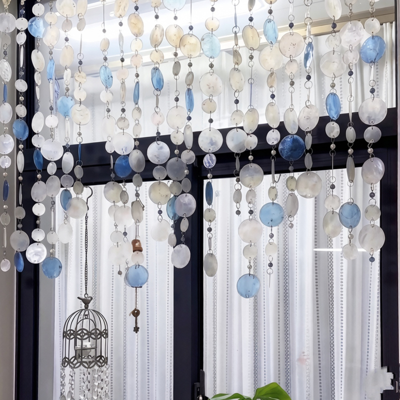 Blue Natural Shell Door Curtain Crystal Bead Curtain Entrance Partition Curtain No-Drill Ready-Made Decorative Curtain Hanging Curtain ins
