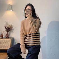 2024 Autumn and Winter New Thickened Striped Wool Round Neck Pullover Ribbed Sweater Rolled Sleeves Thick Needle Womens Knitted Top