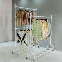 Clothing store display rack floor-standing double-layer rod coat rack with movable lift to dry clothes and pants clothes hanger with wheels
