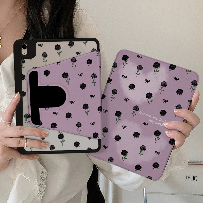 【360 ° Rotating】Suitable for Ipad9 Tablet Protective Case Pro13 Purple 9Th Generation Mini6 Anti-Bending 10.2inch Rose Air4 Acrylic 8Th Generation Book-Style Air5 with Pen Slot Double-Sided