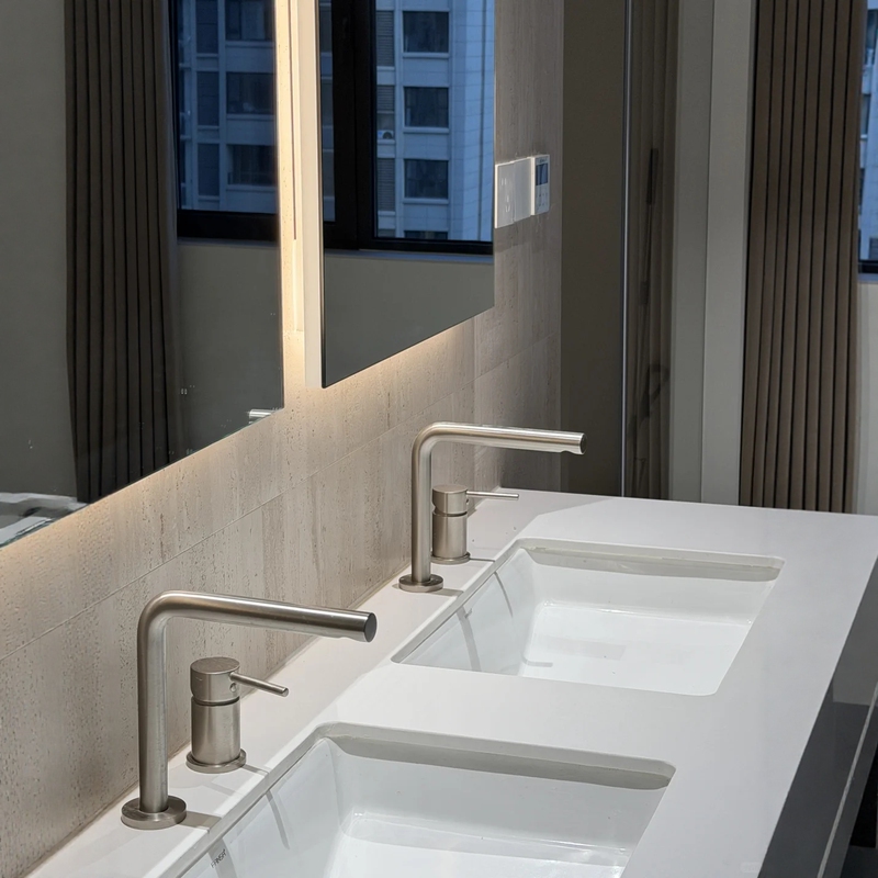 Minimalist Brushed Nickel Split-Type Double-Hole Basin Faucet, High and Low Models, Countertop Basin Brushed Silver Double-Hole Hot and Cold Faucet Minimalist Brushed Nickel Split-Type Double-Hole Basin Faucet, High and Low Models, Countertop Basin Brushed Silver Double-Hole Hot and Cold Faucet