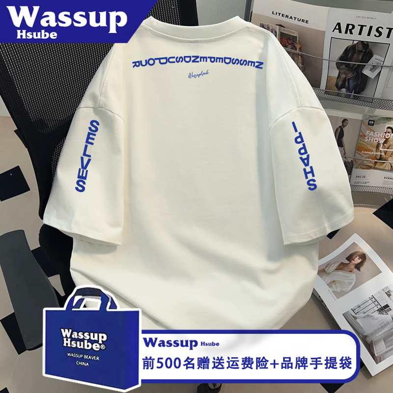 Wassup Summer 100% Pure Cotton Short-Sleeved Design Personalized Printed White Loose T-Shirt for Men and Women Ins Trendy Tops