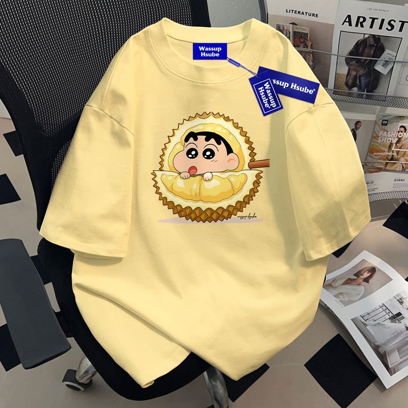 Wassup Casual Summer Durian Xiaoxin Print T-Shirt for Men and Women, High-End Style Short-Sleeved Pure Cotton Cream Yellow Half-Sleeve ins Wassup Casual Summer Durian Xiaoxin Print T-Shirt for Men and Women, High-End Style Short-Sleeved Pure Cotton Cream Yellow Half-Sleeve ins