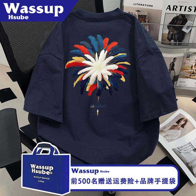 Wassup Creative Colorful Feather Print T-Shirt ins Unisex Navy Blue Half-Sleeve Summer 100% Cotton Short-Sleeve