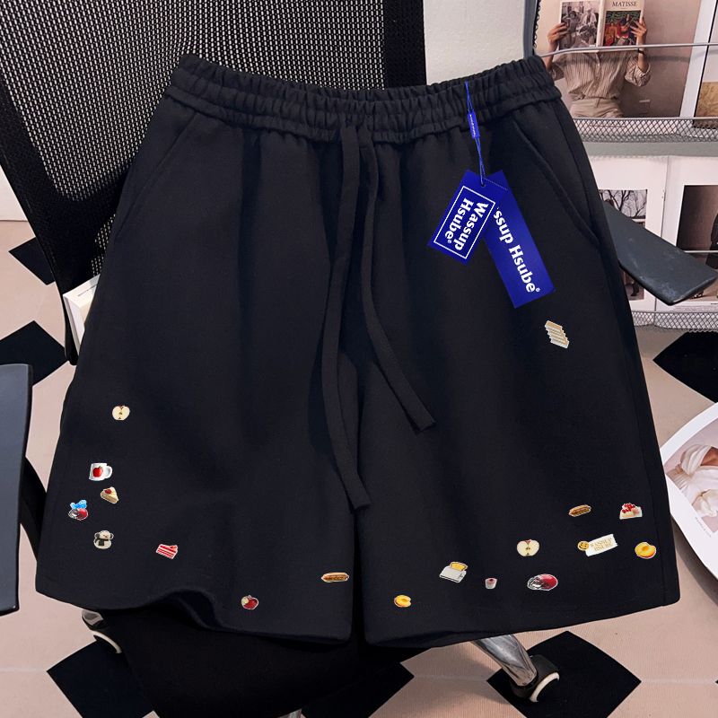 Wassup Fun Cartoon Letter Print Street Fashion Pants Summer Black Five-Point Shorts Unisex Casual Shorts