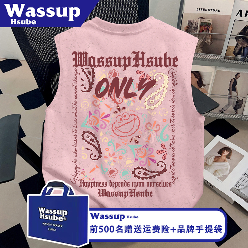 Wassup2026 Summer Pure Cotton Men's and Women's T-Shirts Ins Pink Tie-Dye Vest American Cartoon Print Sleeveless Top Wassup2026 Summer Pure Cotton Men's and Women's T-Shirts Ins Pink Tie-Dye Vest American Cartoon Print Sleeveless Top