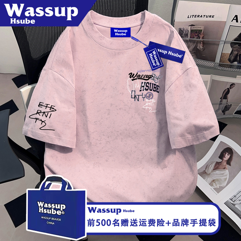 Wassup Design Letter Print Short-Sleeved Summer Half-Sleeved Pink Tie-Dye Ins Style Pure Cotton T-Shirt for Men and Women Wassup Design Letter Print Short-Sleeved Summer Half-Sleeved Pink Tie-Dye Ins Style Pure Cotton T-Shirt for Men and Women