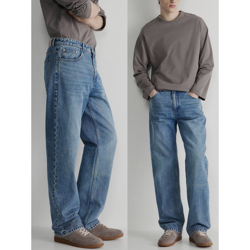 Party L Russian Single Export Men's Solid Color Simple Pure Cotton Drape Straight Loose Wide-Leg Jeans a 4121
