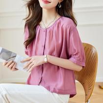 Thin Tencel short-sleeved shirt for women in summer quarter-sleeved loose slim casual and versatile top