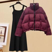 Winter clothing is paired with a complete set of this years hot-selling 2023 suit a two-piece set of dark red cotton jacket with a small fragrance style.